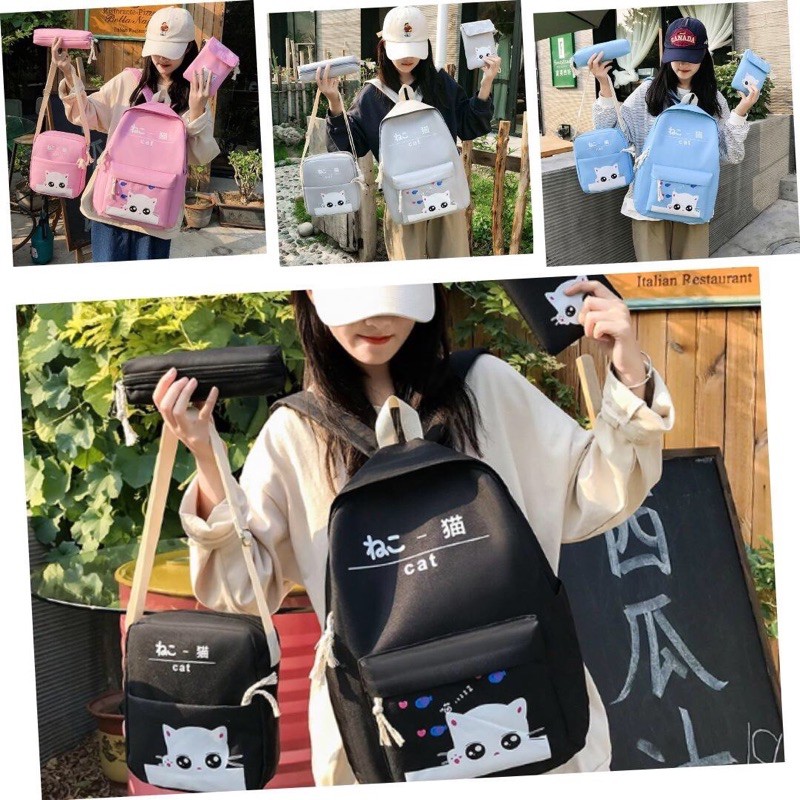 Combo 4 Món Balo Túi Xách Túi Đeo Mini Và Bóp Viết Hình Mèo Nằm