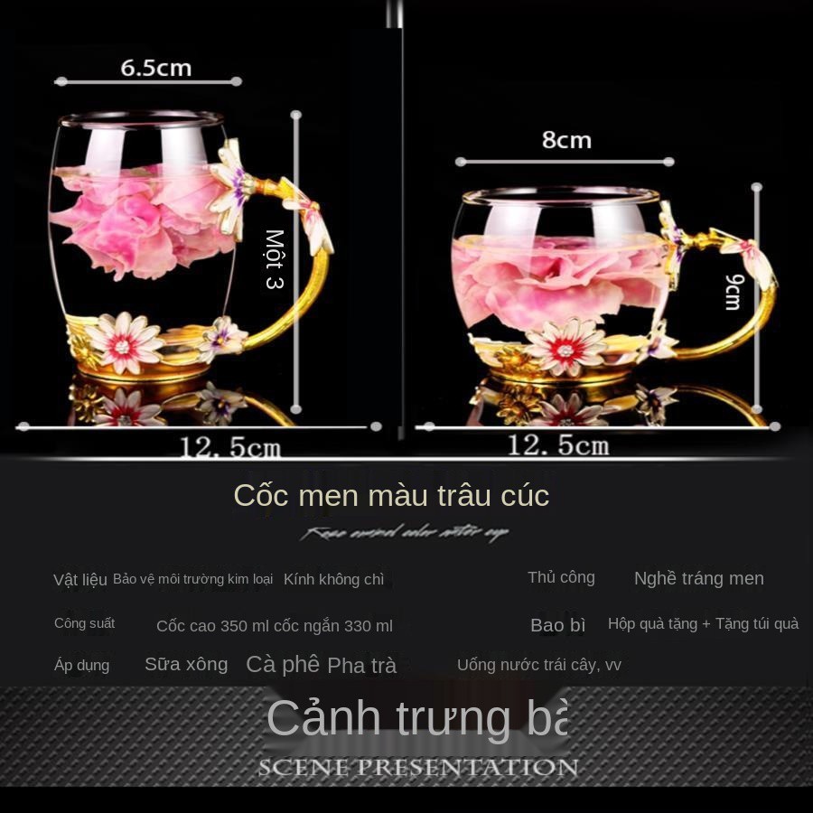 cốc nước men màu gia dụng thủy tinh pha lê cà phê hoa Đai sáng tạo dành cho nữ tách trà Nắp