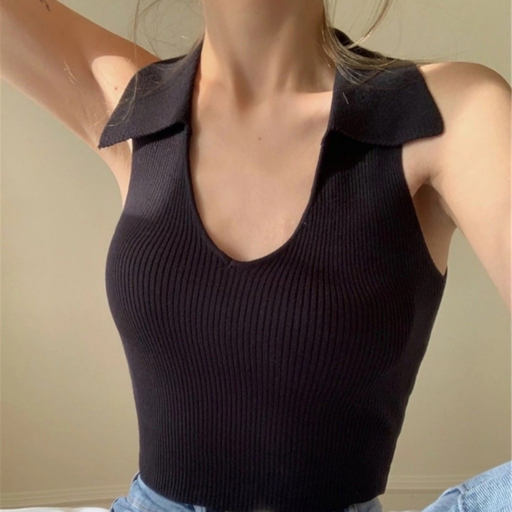 Áo Ba Lỗ Nữ Cổ Bẻ Phong Cách Hàn Quốc Chất Thun Gân Fom Áo Croptop Hai Màu Trắng Đen