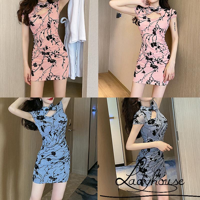 Đầm Sườn Xám Tay Ngắn In Họa Tiết Rỗng Dáng Ôm Phong Cách Cổ Điển Dành Cho Nữ