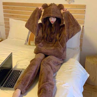 Set Lông Mũ Tai Gấu Màu Be Nâu Siêu Xinh- Cute Dày SIÊU  ẤM.Bộ đồ mùa đông mềm mịn.Bộ hoodie nữ.