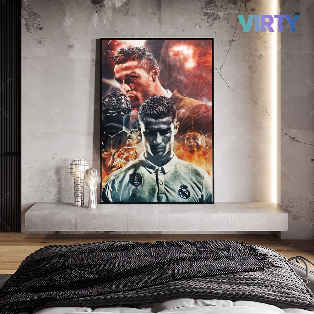 Tranh treo tường cầu thủ bóng đá RONALDO kèm khung composite VIRTY Tranh Canvas decor phòng ngủ, phòng làm việc