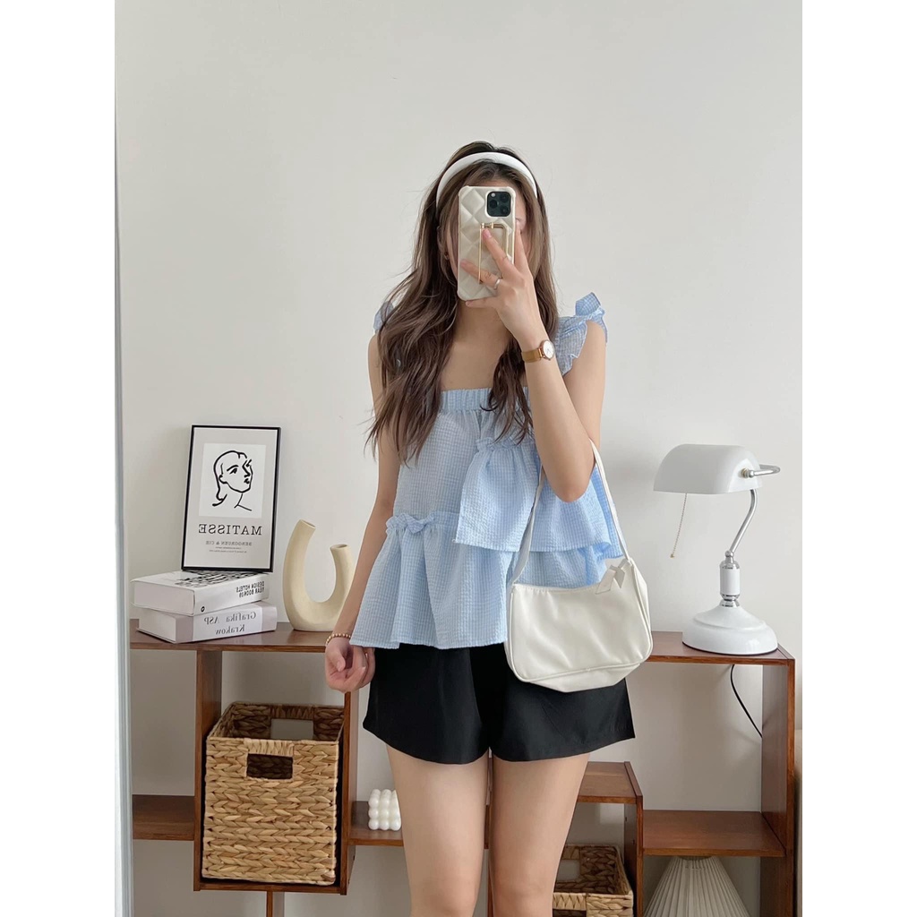 Set đồ bộ babydoll áo kẻ 2 dây mix quần short ngắn