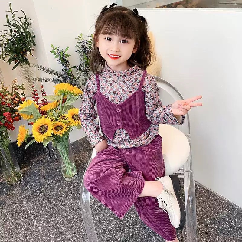 Set quần áo nhung hoa nhí cho bé gái