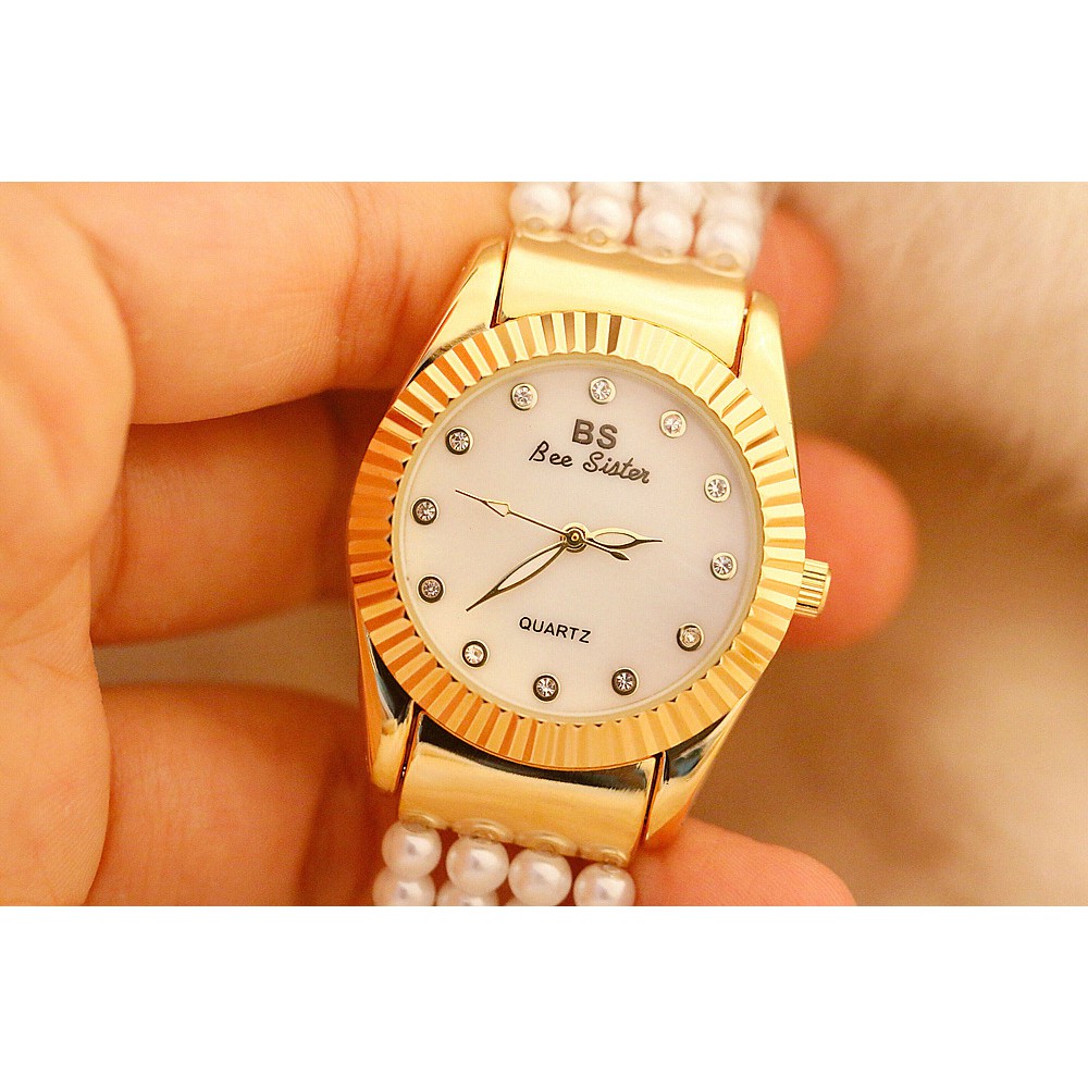 Đồng hồ nữ chính hàng Bee Sister cao cấp, dây ngọc trai và viền vàng, đính đá lấp lánh như kim cương | BigBuy360 - bigbuy360.vn