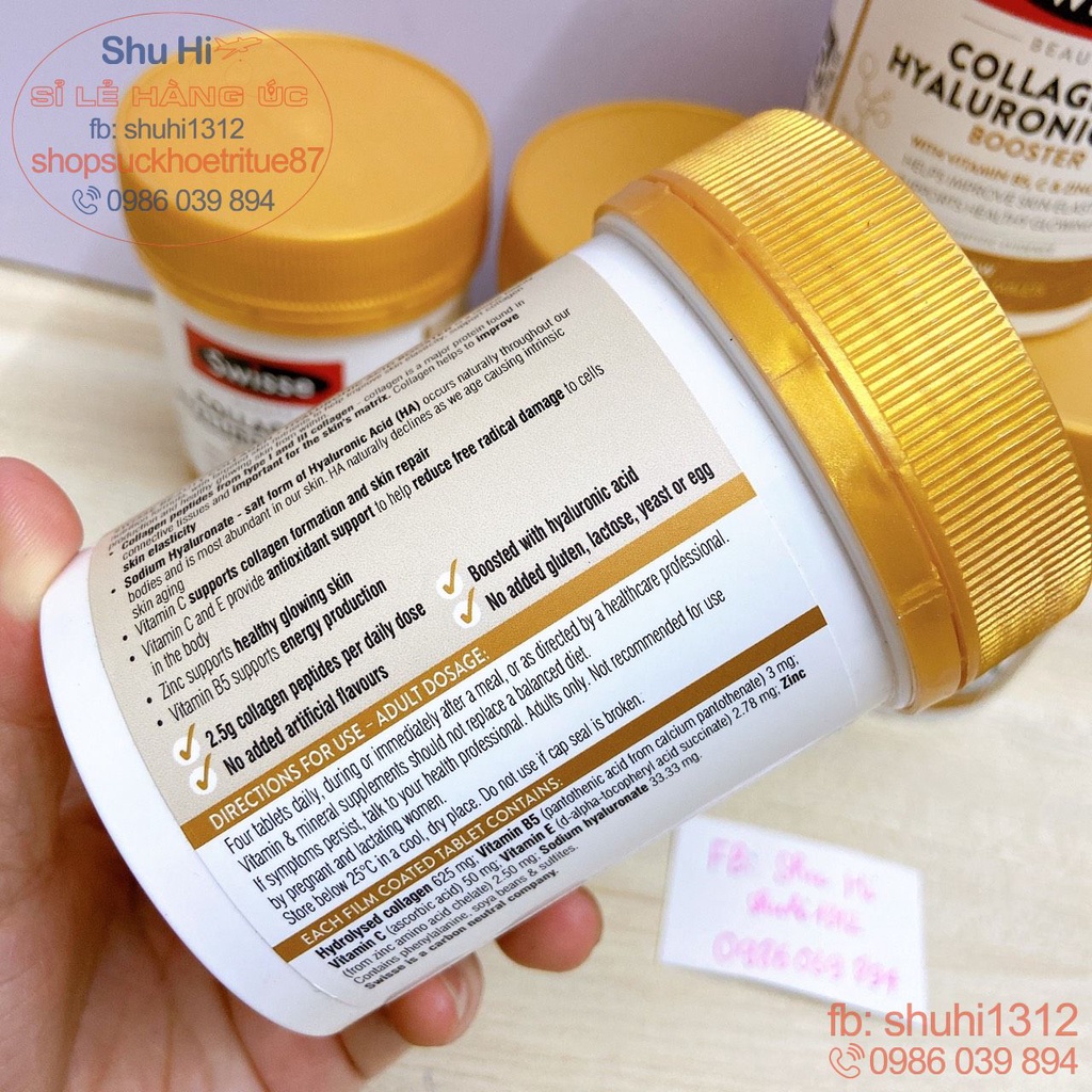 Viên uống bổ sung collagen cấp nước, cấp ẩm, trắng da Swisse beauty collagen hyaluronic acid Booster 80 viên, Úc