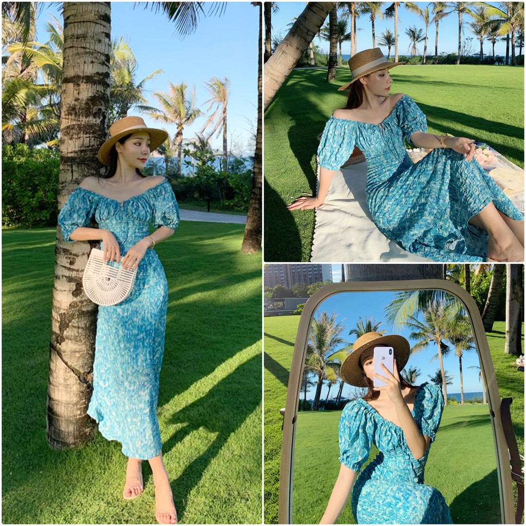 Đầm dài trễ vai hoa xanh cực xinh - Hàng Quảng Châu cao cấp - Ngân Dali | BigBuy360 - bigbuy360.vn