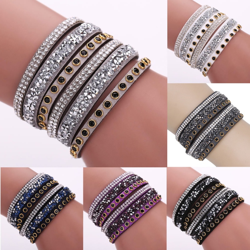 Vòng Tay Da Nhiều Lớp Đính Đá Pha Lê Phong Cách Punk