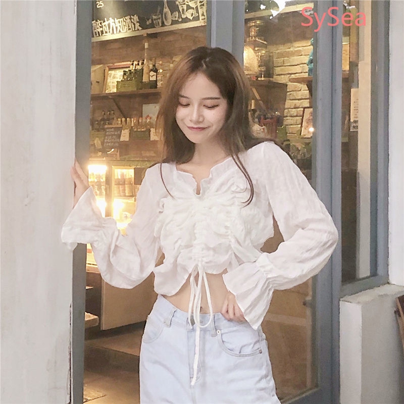 Áo crop top dài tay màu trắng phong cách mùa hè thời trang cho nữ