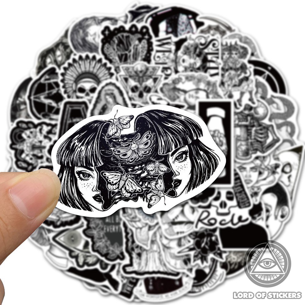 Set 100 Nhãn Dán Đen Trắng Graffiti Gothic Sticker Chống Thấm Nước Trang Trí Mũ Bảo Hiểm, Laptop, Điện Thoại, Đàn Guitar