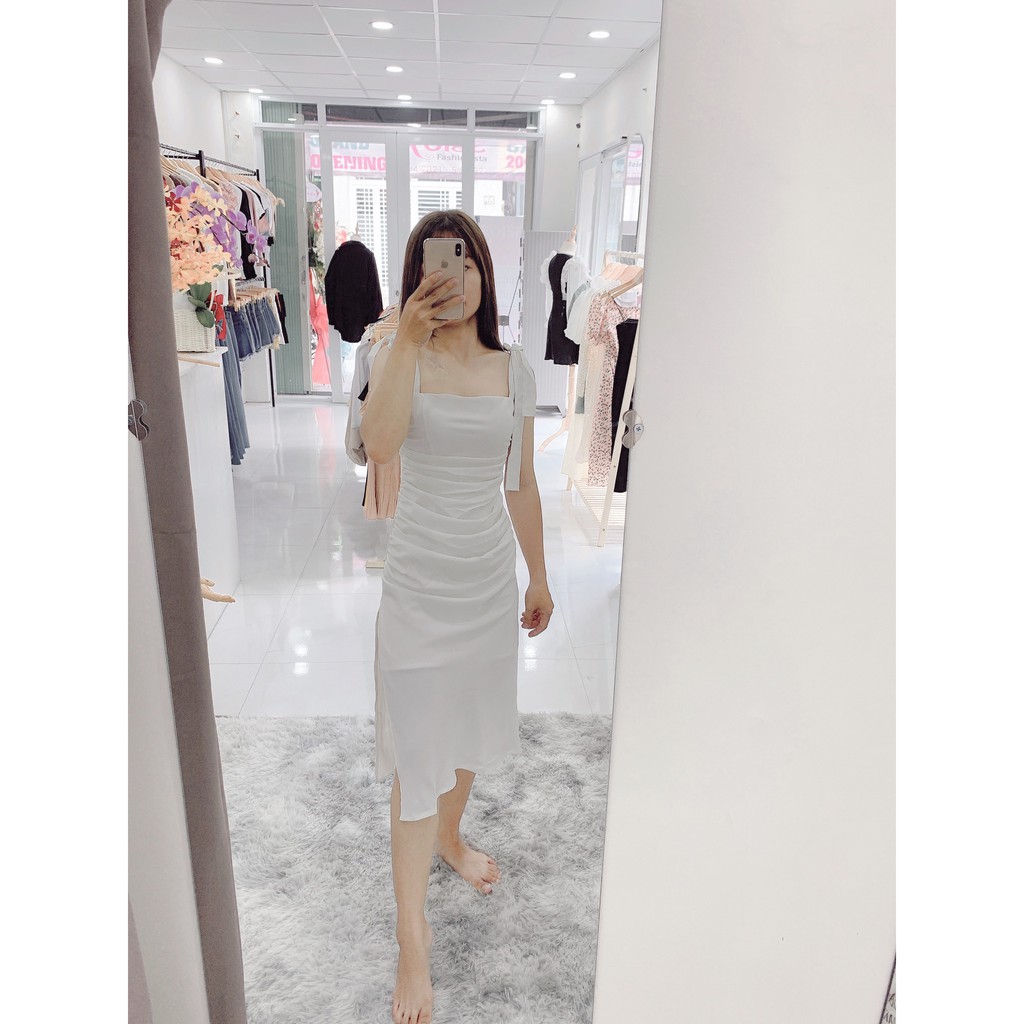 Đầm 2 Dây Cột Nơ Nhún Xẻ Tà - Roise