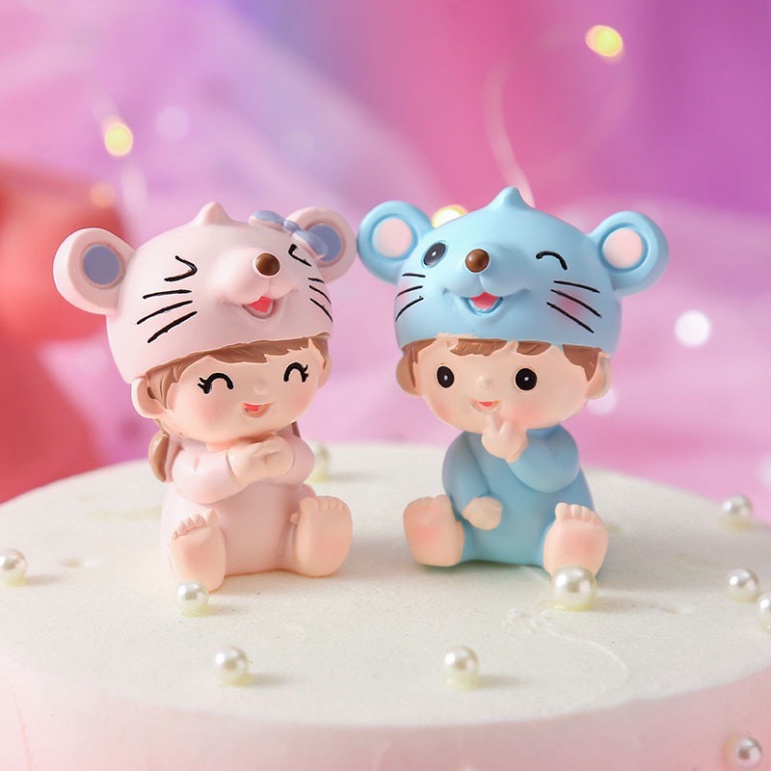 trang trí bánh sinh nhật [FREESHIP💯] em bé chuột xanh hồng siêu dễ thương