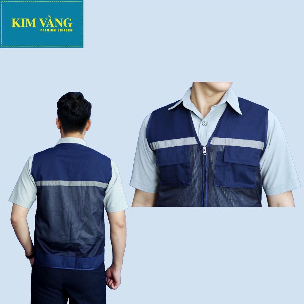 Áo ghile kĩ sư, đồng phục bảo hộ lao động chất liệu kaki TC phối lưới phản quang 3M cao cấp- Màu xanh đen