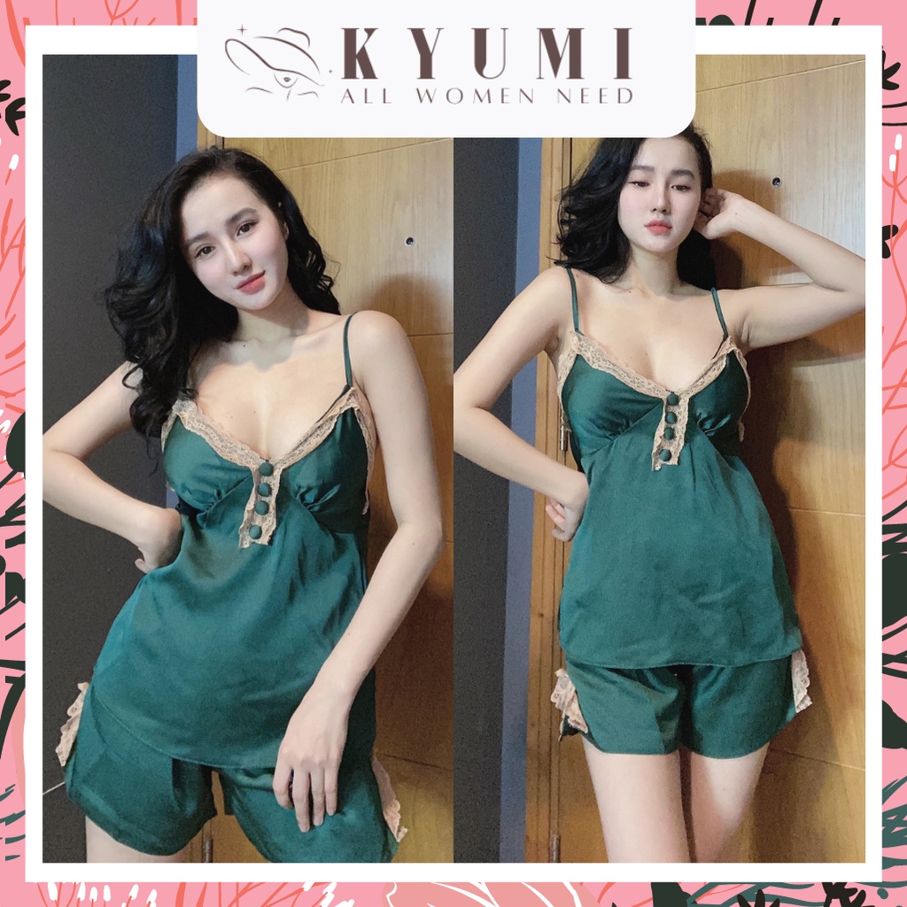 Đồ ngủ sexy đồ ngủ 2 dây phối ren đính nút có mút ngực KYUMI OFFICAL, vải lụa satin, freesize 40-60kg tùy chiều cao 010 | BigBuy360 - bigbuy360.vn