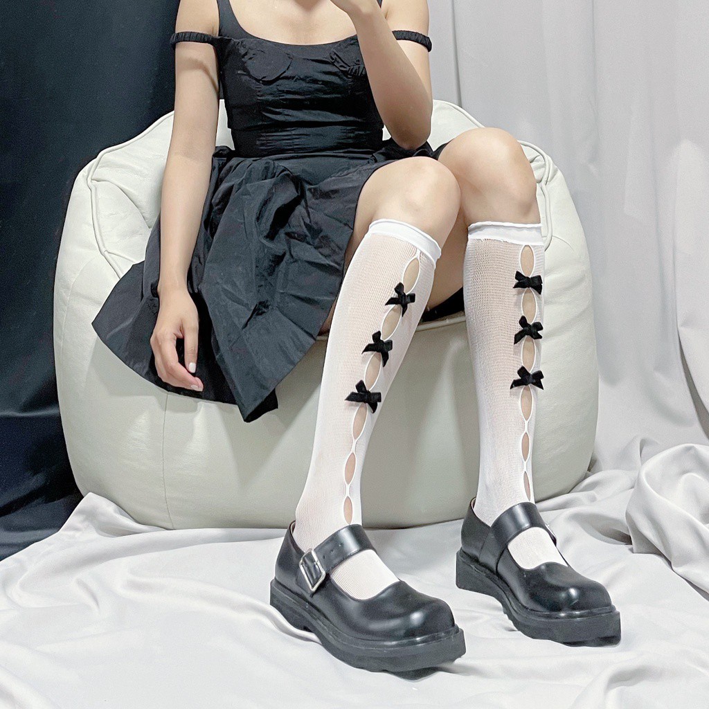 Vớ lưới cá co giãn dài tới bắp đùi phong cách Lolita thắt nơ dễ thương thời trang mùa hè cá tính dành cho nữ
