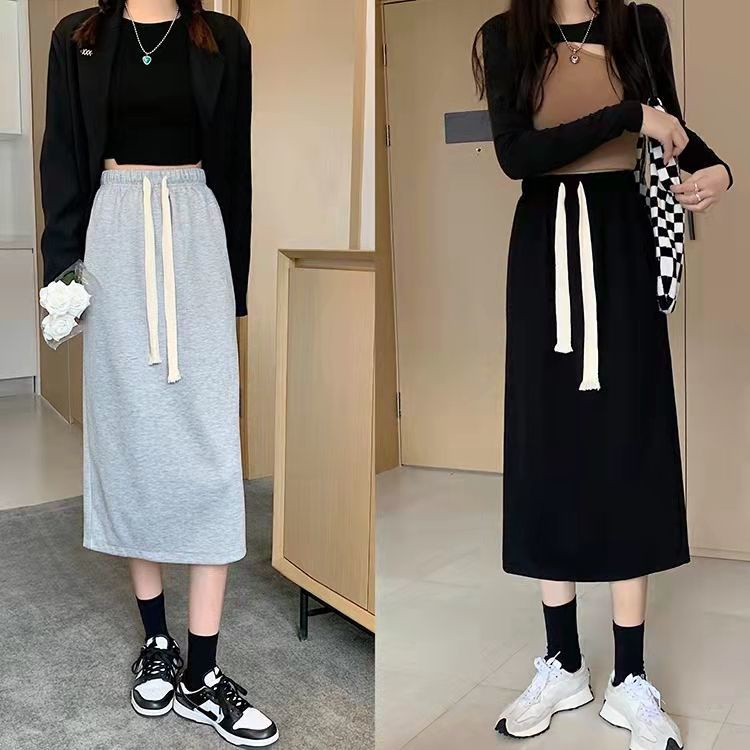 Chân váy dài xẻ tà phối dây rút phong cách Hàn Quốc đơn giản thời trang