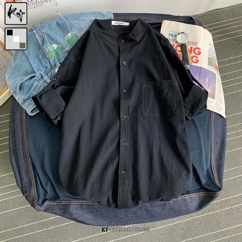 Áo sơ mi KT cotton lanh cổ tròn tay lửng dáng rộng thời trang mùa hè cho nam giới size M-3XL