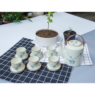 Bộ ấm tích vẽ hoa đào xanh gốm sứ Bát Tràng