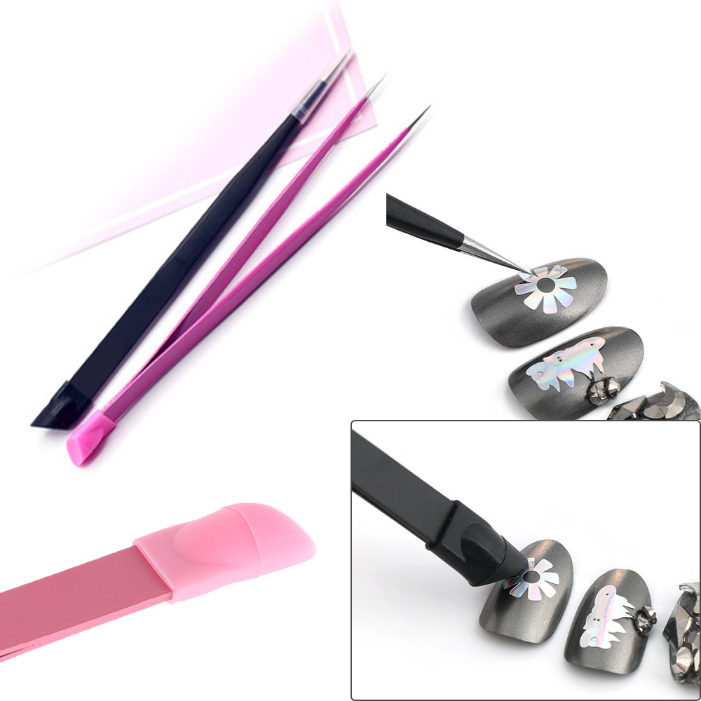 [Hàng mới về] Nhíp gắp đá giả/miếng dán đính móng bằng kim loại với đầu nhấn bằng silicon