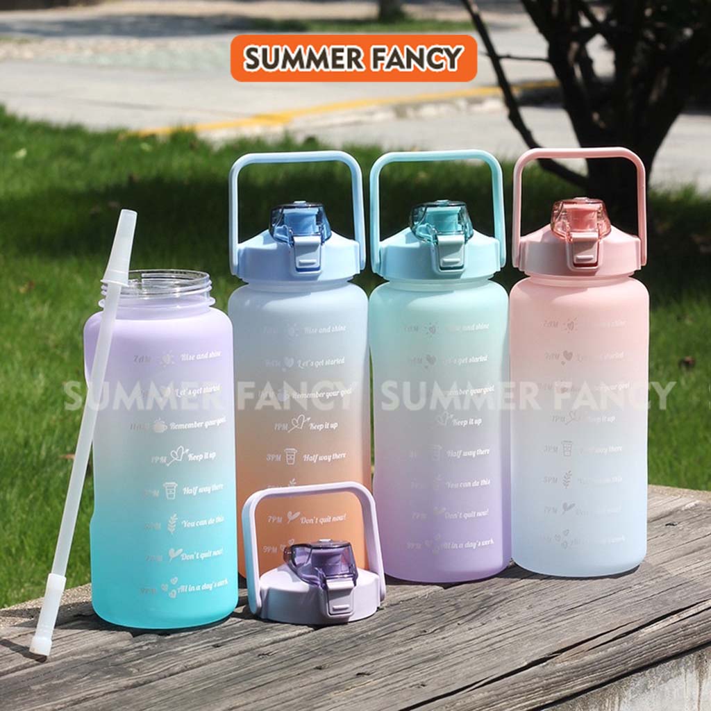 Bình Đựng Nước 2L Cute Có Ống Hút Vạch Báo Giờ Uống Nước  + Tặng sticker