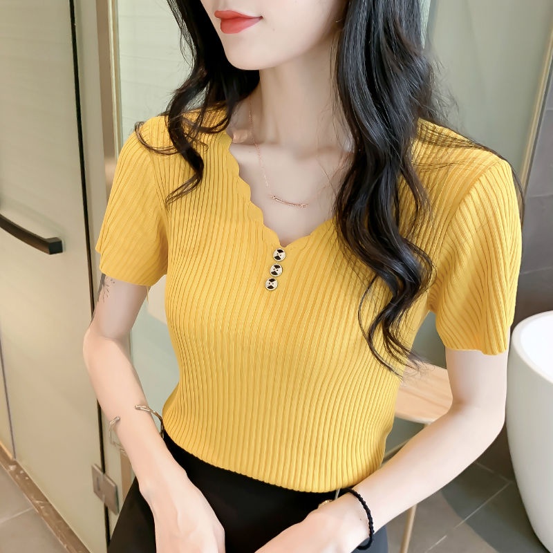 Áo Tank Top Dệt Kim Cổ Chữ V Màu Trơn Dáng Ôm Thời Trang Cho Bạn Gái
