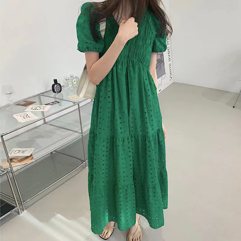 Đầm Maxi Cotton Tay Ngắn Cổ Chữ V Thêu Hoa Phong Cách Hàn Quốc Mới