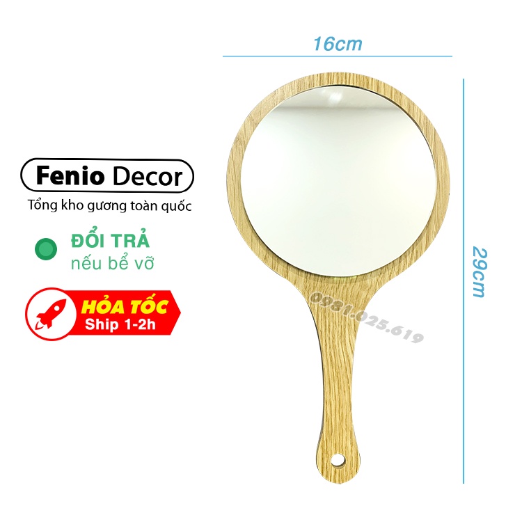 Gương gỗ cầm tay dễ thương ngỗ nghĩnh ♥️ FENIO DECOR ♥️ gương trang điểm cẩm tay cán gỗ hình tròn