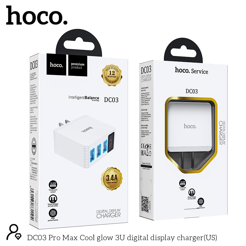 Cóc sạc nhanh 3 cổng USB 3.4A Hoco DC03 Pro Max, màn hình led, tương thích nhiều thiết bị