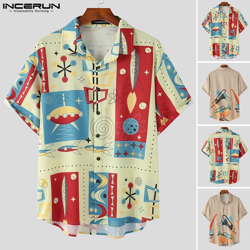 Áo sơ mi INCERUN tay ngắn in hình kèn trumpet phối nút thời trang đi biển cho nam