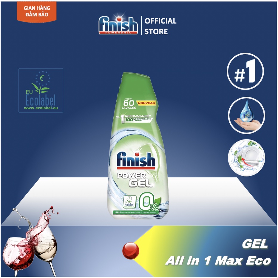 [Không Mùi] Gel rửa bát Finish All in 1 Max Eco - Chai 900ml Sản phẩm không chứa phosphate EAN 3059946164021
