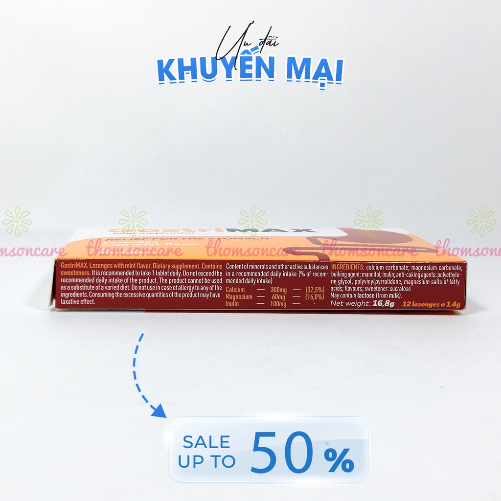 Giảm đầy hơi, ợ chua  - Viên ngậm Gastrimax giảm axit dạ dày, vị bạc hà - Hộp 12 viên