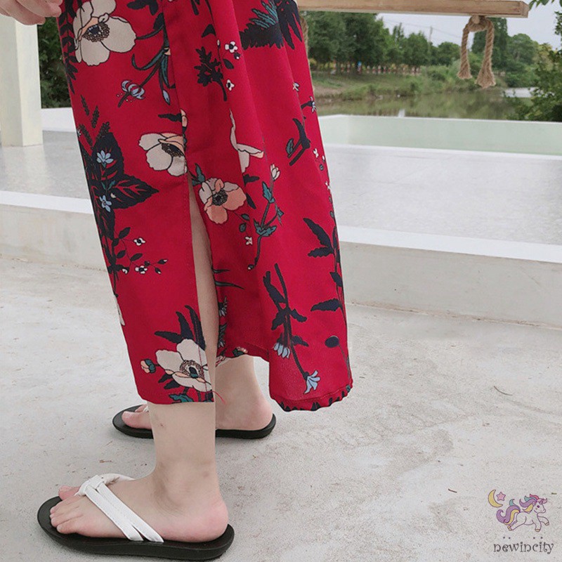 Đầm in hoa buộc dây lưng thời trang cho bé gái