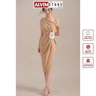 Đầm Dự Tiệc Ôm Body Lêch Vai Xếp Ly Nhấn Hoa Xinh Đẹp (Có Tặng Kèm Hoa Cài) Alvin Store 2647