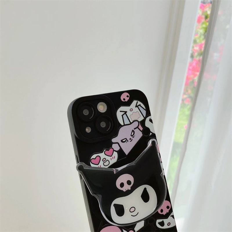 Ốp Điện Thoại Hình Kuromi Nhật Bản Màu Đen Đục Có Giá Đỡ Và Dây Đeo Cho iPhone 4 Trong 1 14 Pro Max 13 Promax 12 11 Xsmax Xr 7 8 Plus