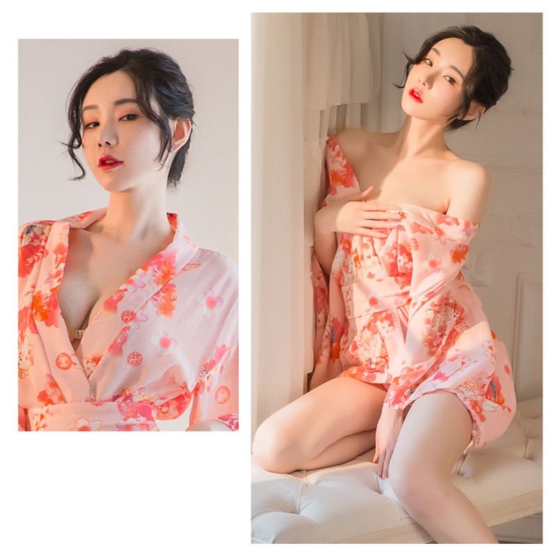 Váy ngủ kimono hoa anh đào Lyly 5030 áo choàng có đai bụng vải voan mịn mát