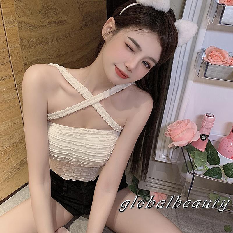 Áo Croptop Không Tay Hở Lưng Màu Trơn Họa Tiết Kẻ Sọc Cho Nữ