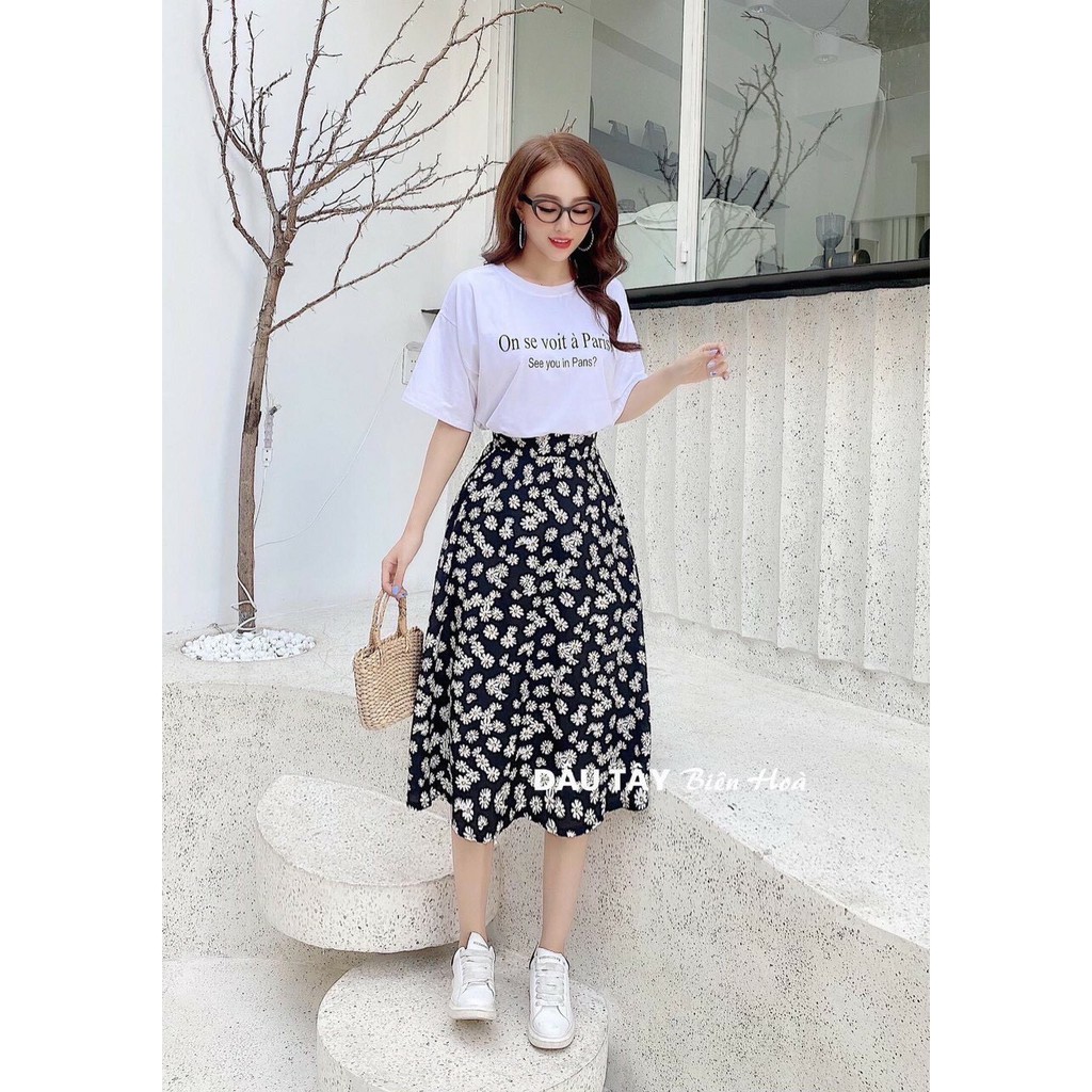 SÉT ÁO COTTON VÀ VÁY CHÂN VÁY IN HÌNH CÚC HỌA MI THỜI TRANG THIẾT KẾ VESTA CHM80