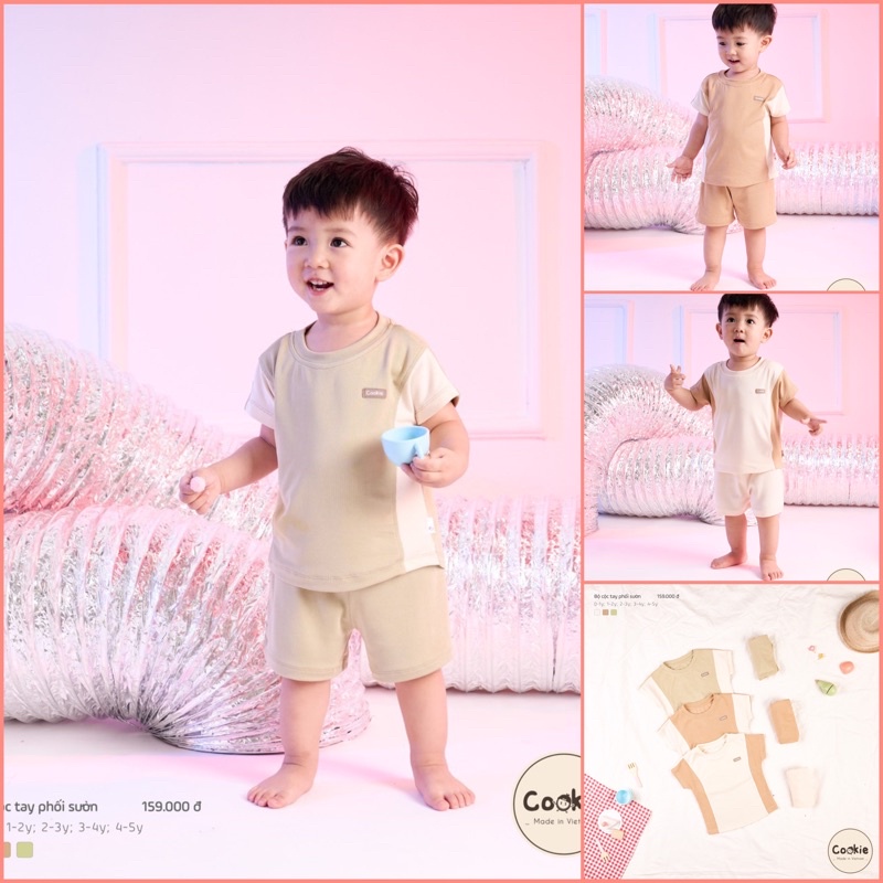 Bộ cộc tay phối sườn Cookie dành cho bé trai bé gái chính hãng