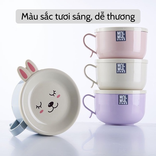 [Tặng kèm thìa] Bát ăn mì 🥗 Tô úp mì inox 2 lớp có nắp chống nóng cao cấp bát ăn cho bé nắp hình thú dễ thương