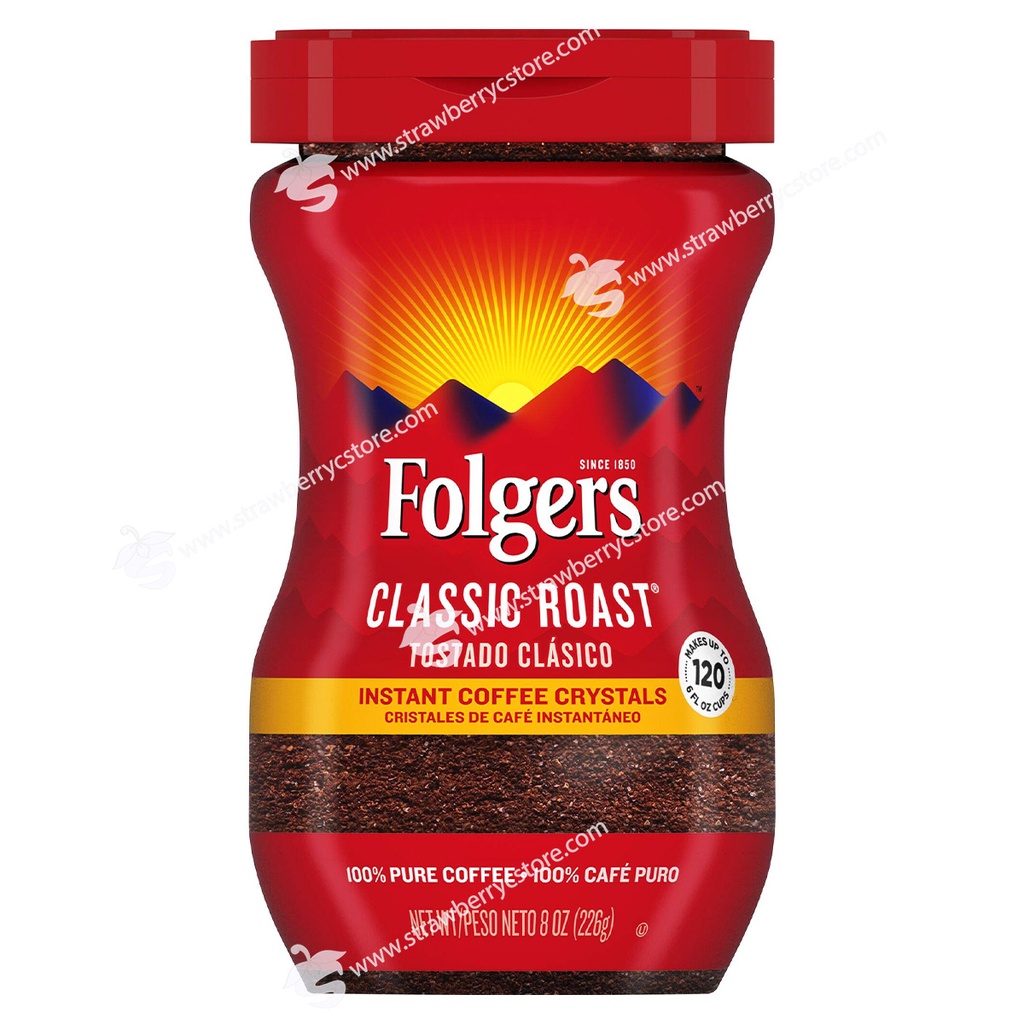 Cà Phê Đen Hòa Tan Uống Liền Folgers Classic Roast Instant Coffee Crystals, Hộp 226g (8 Oz.)