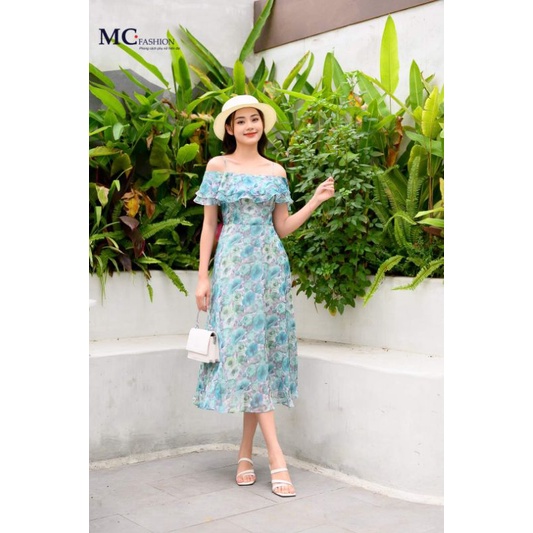 Váy liền hai dây trễ vai hoạ tiết hoa 3d xanh đẹp Mc fashion, váy đi tiệc, đi chơi, đi sự kiện, đi làm