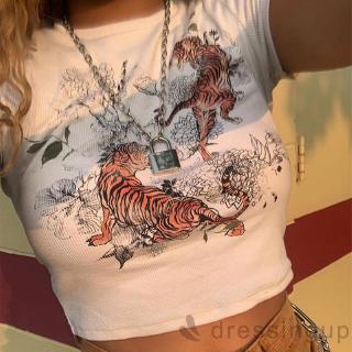 d❃♪Women´s Fashion Tiger Flower Print Short Sleeve Ribbed Knit Basic Top