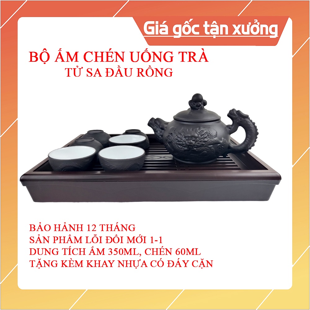 Bộ ấm chén uống trà kèm khay trà ấm chén đất tử sa nung tráng men cao cấp.