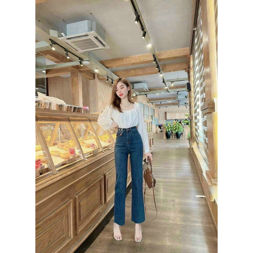 Quần bò jean nữ ống đứng rộng suông co giãn jeans cạp cao hack dáng-minxy shop