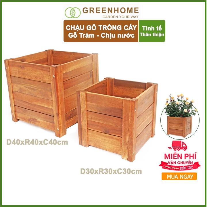 Bộ 2 Chậu gỗ trồng cây, hình vuông, D40xR40xC40cm, gỗ Tràm chịu nước, tặng 4 hộp dưỡng hoa tươi lâu |Greenhome