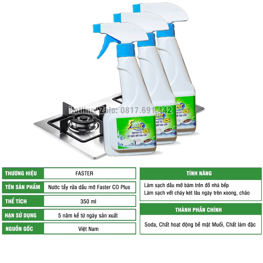 (XỊT LÀ SẠCH) Combo Chai Xịt Tẩy Dầu Mỡ Nhà Bếp, Vệ Sinh Máy Hút Mùi, Bếp Gas, Tường Bếp Faster CO Plus