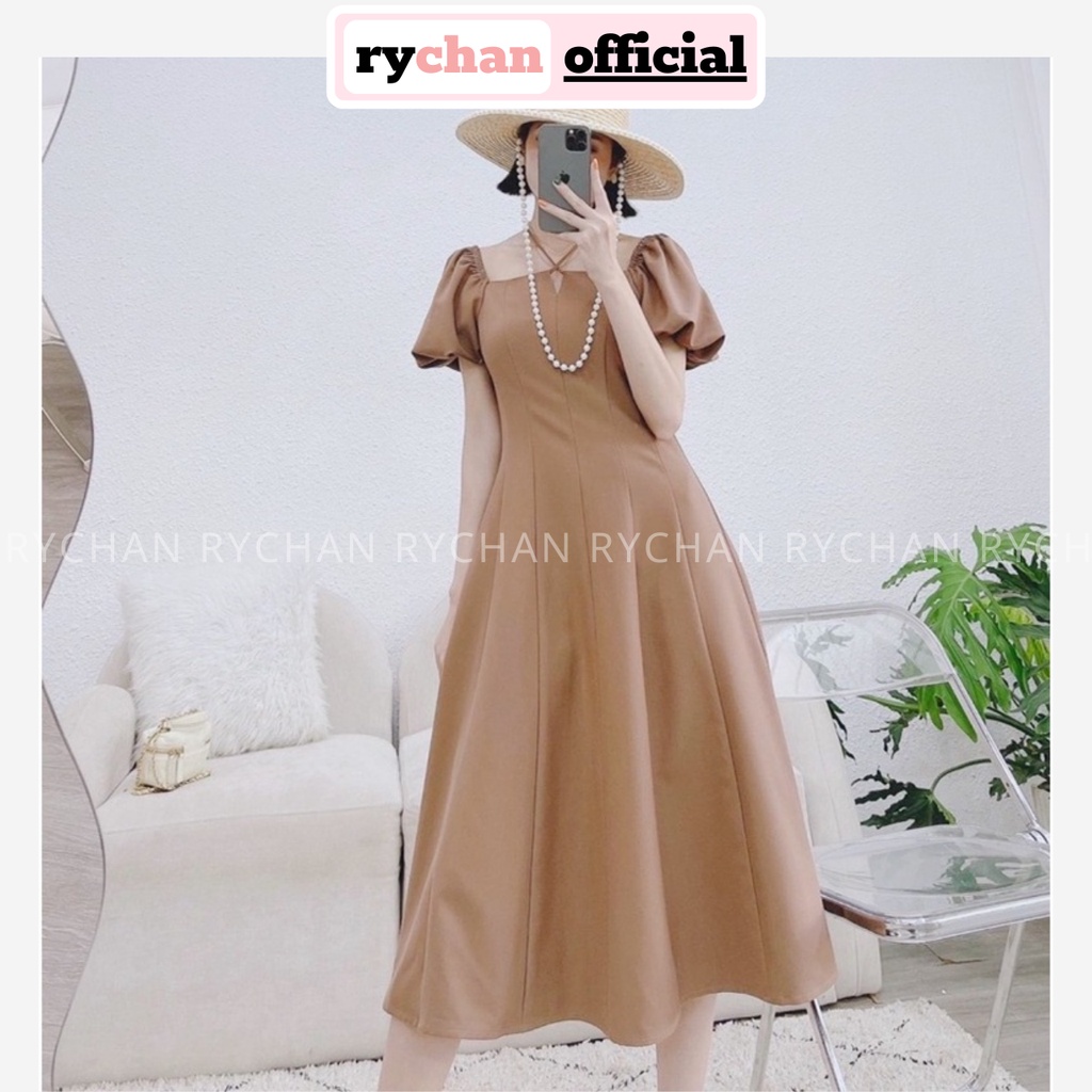 Đầm Nữ Dự Tiệc Cổ Vuông Tay Ngắn Phồng Dây Cổ Cực Khí Chất, Đầm Dài Xòe Kem Đậm - DX9772