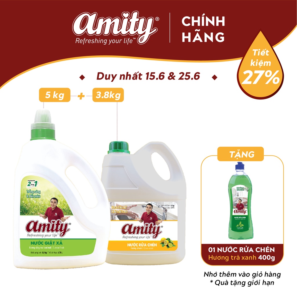 Combo Nước Giặt xả AMITY 5kg + Nước Rửa Chén AMITY 3.8Kg - Tặng 1 chai Nước Rửa Chén 400gr