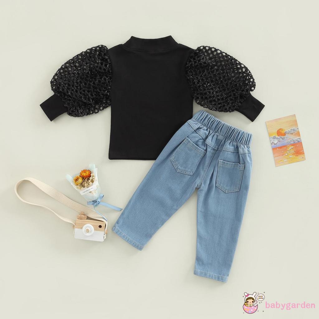 Bộ Áo Tay Phồng Cổ Tròn Màu Trơn + Quần Jean Buộc Dây Màu Trơn Thời Trang Cho Bé Gái 1-6 Tuổi