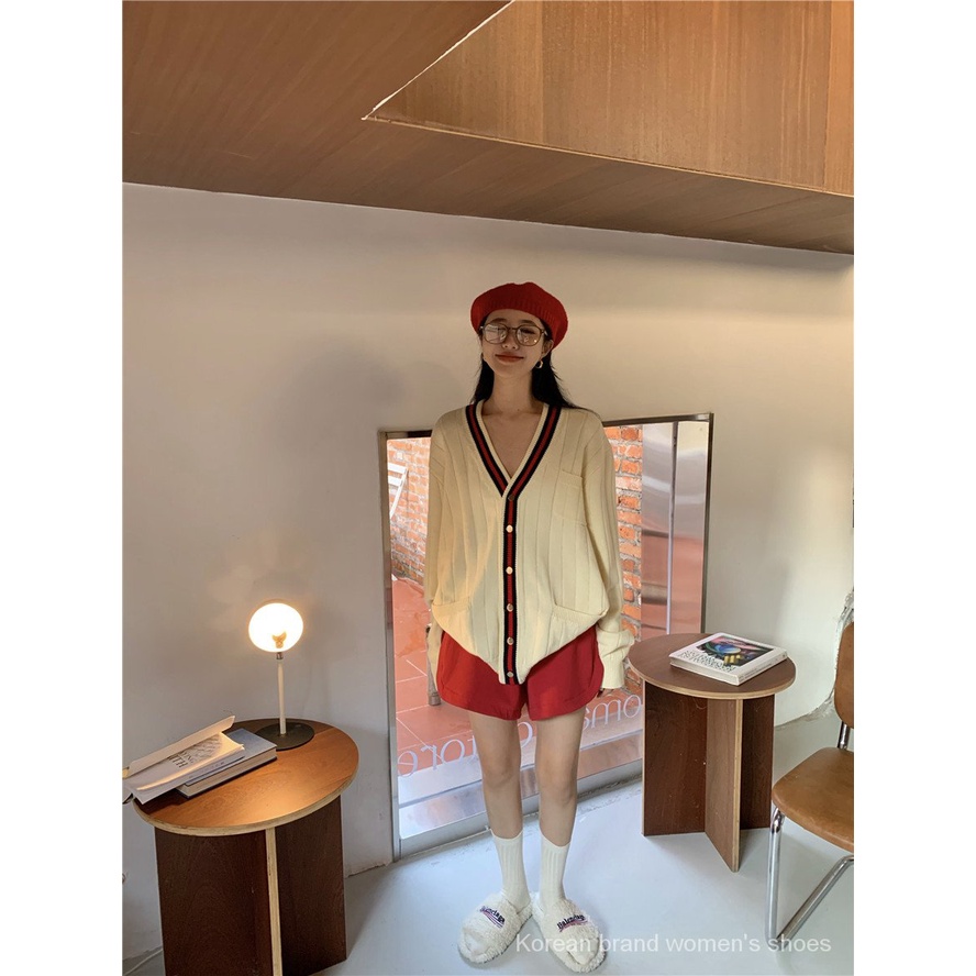 Áo khoác cardigan dệt kim tay dài dáng rộng màu sắc tương phản thời trang mùa thu cho nữ